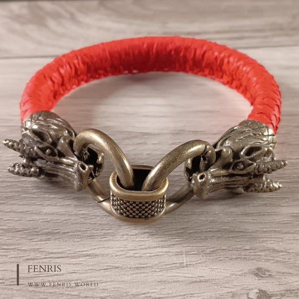 bronze dragon bracelet red leather