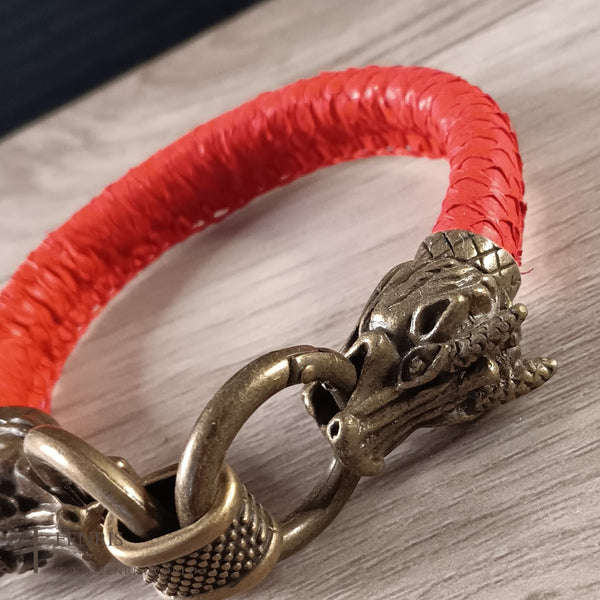 bronze dragon bracelet red leather
