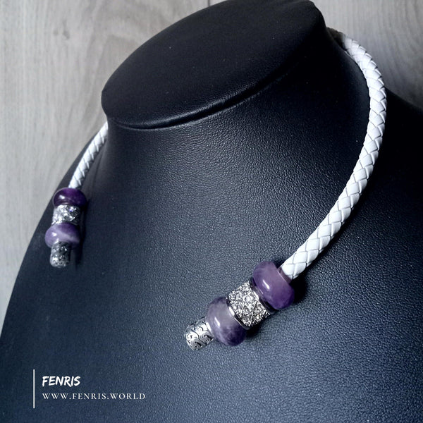 silver torc amethyst white leather