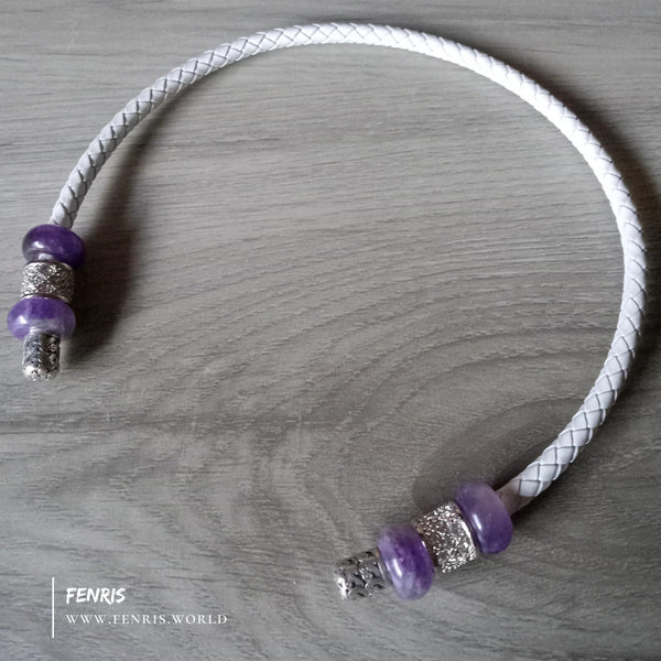 silver torc amethyst white leather