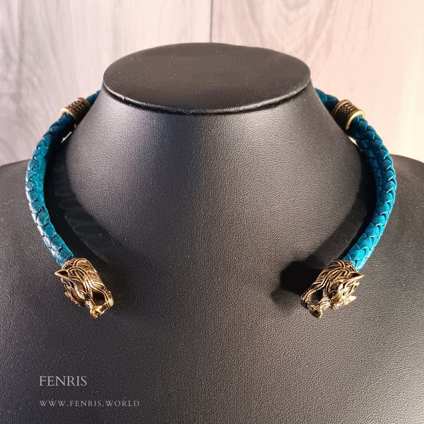teal bronze wolf torc double leather