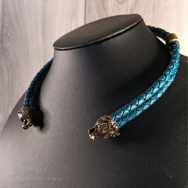 teal bronze wolf torc double leather