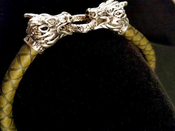 bracelet silver dragon green leather scale