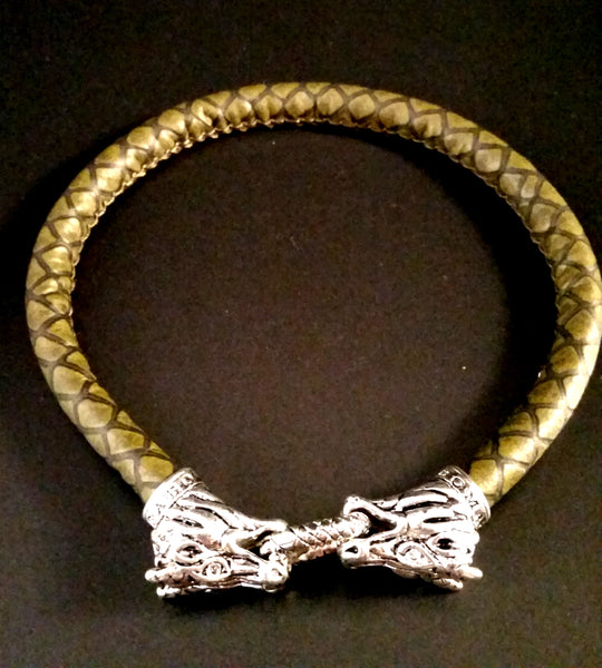 bracelet silver dragon green leather scale
