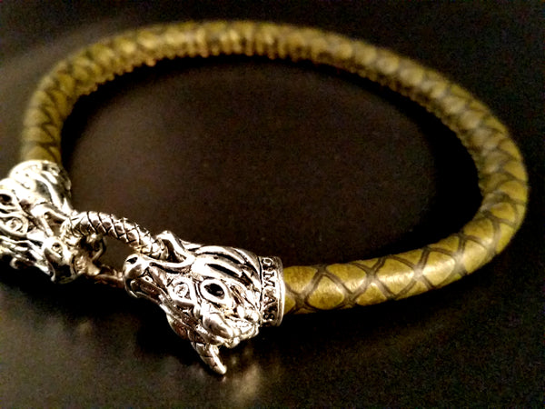 bracelet silver dragon green leather scale