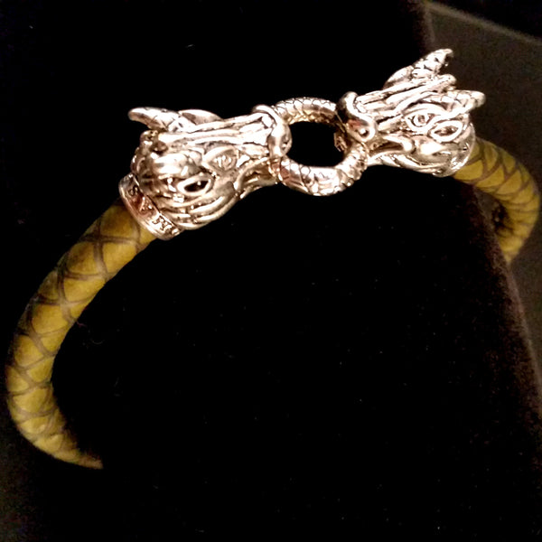 bracelet silver dragon green leather scale