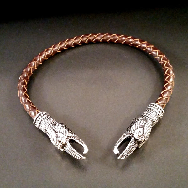 raven torc bracelet silver brown leather viking celtic larp rock fashion