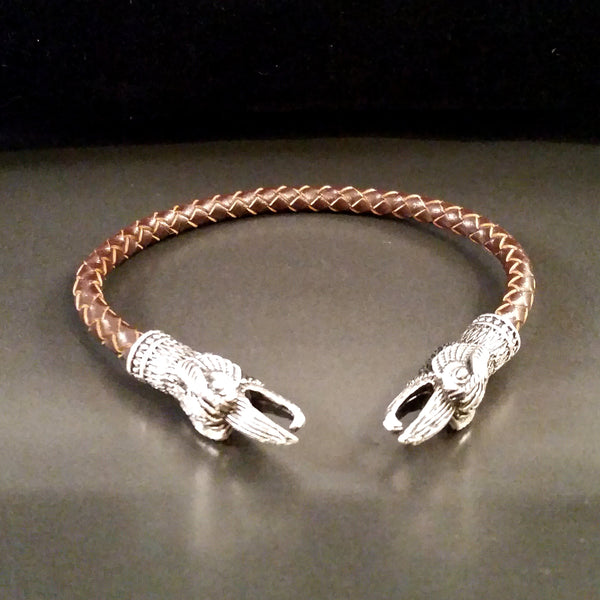 raven torc bracelet silver brown leather viking celtic larp rock fashion