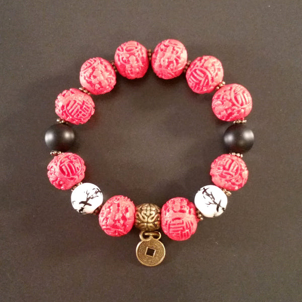 Chinoiserie Bracelet Red Cinnabar Retro Asian