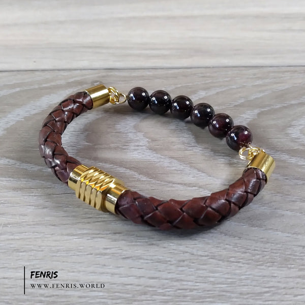 garnet bracelet mens leather gold
