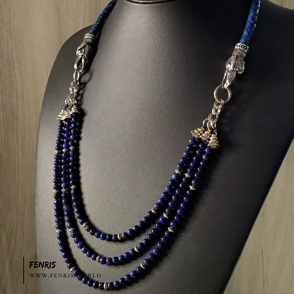 necklace lapis lazuli multi strand blue silver raven leather womens
