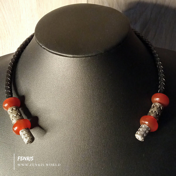 925 silver torc red agate black leather necklace