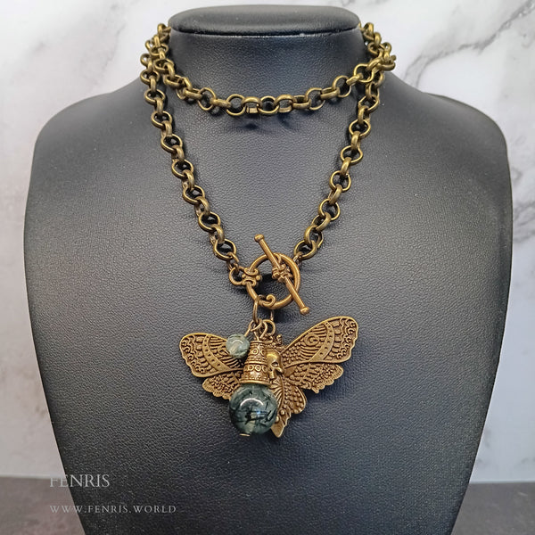 bronze death head hawk moth necklace green tourmalinated prehnite