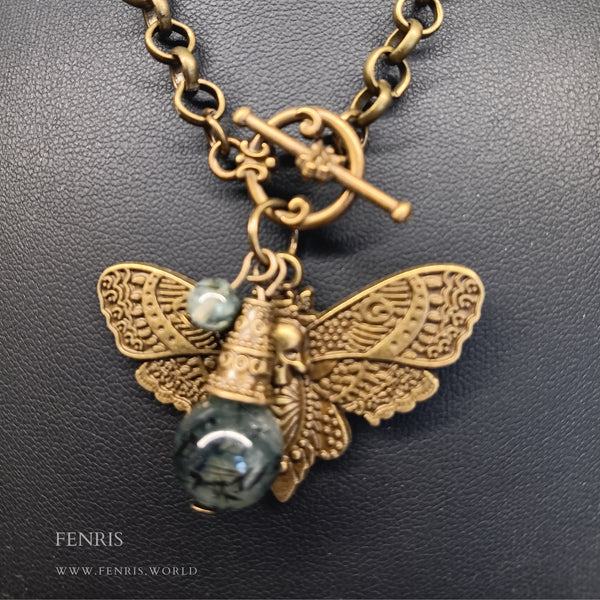 bronze death head hawk moth necklace green tourmalinated prehnite