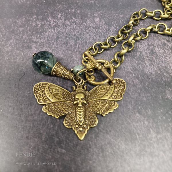 bronze death head hawk moth necklace green tourmalinated prehnite