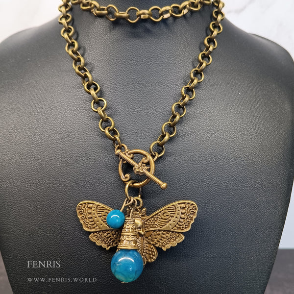 bronze death head hawk moth necklace teal agate