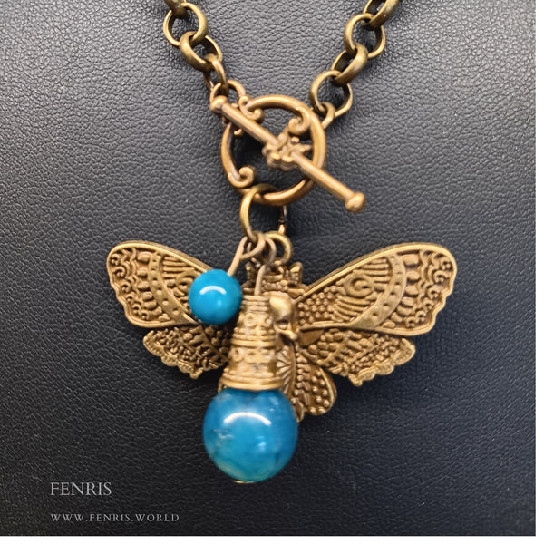 bronze death head hawk moth necklace teal agate