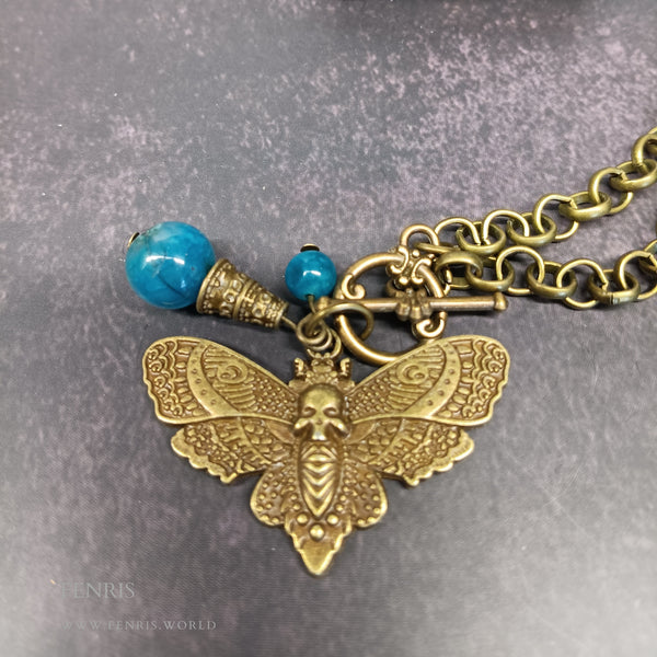 bronze death head hawk moth necklace teal agate
