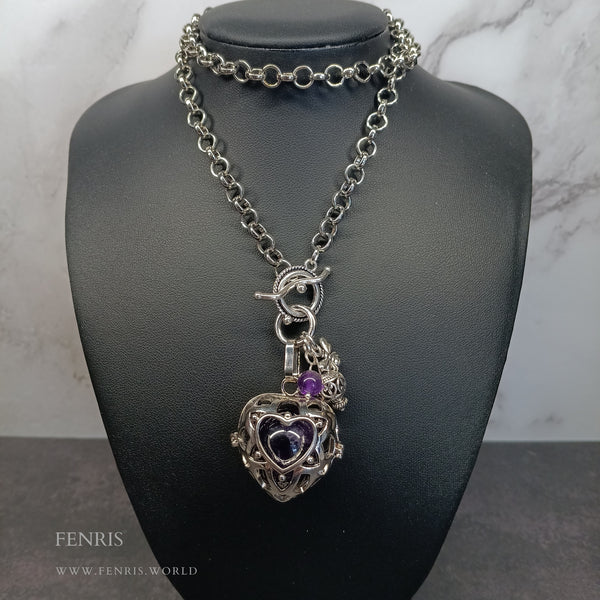 silver heart amethyst sphere necklace
