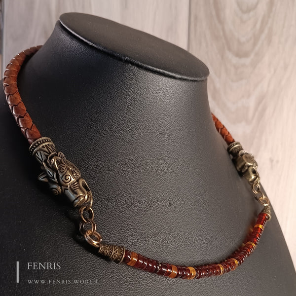 Bear Necklace Choker Baltic Amber Bronze Brown Leather