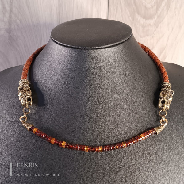 Bear Necklace Choker Baltic Amber Bronze Brown Leather