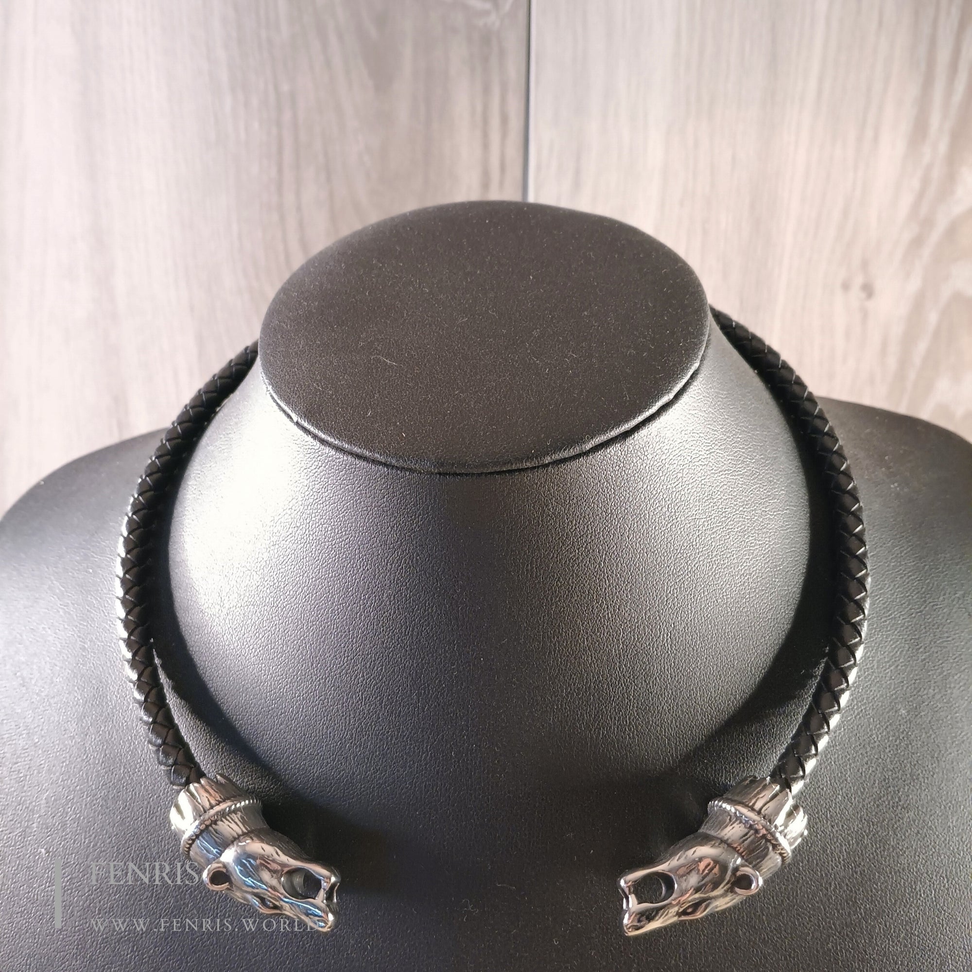 Silver bear torc black leather