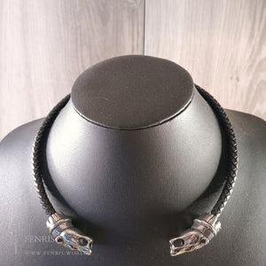 Silver bear torc black leather