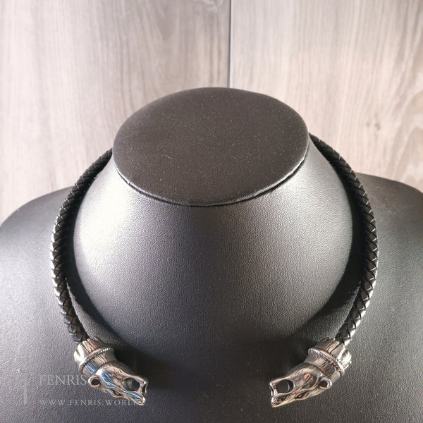Silver bear torc black leather