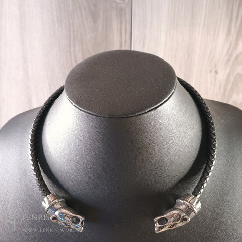 Silver bear torc black leather