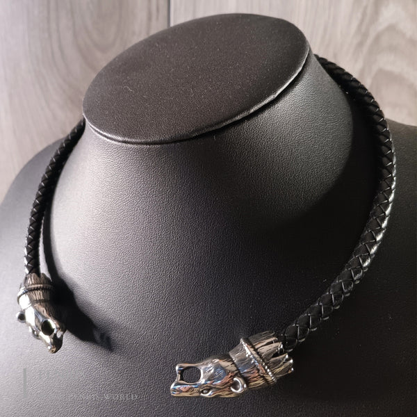 Silver bear torc black leather