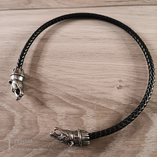 Silver bear torc black leather