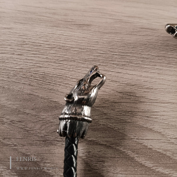 Silver bear torc black leather