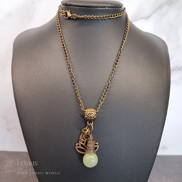 bronze lotus green aventurine charm necklace