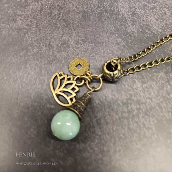 bronze lotus green aventurine charm necklace