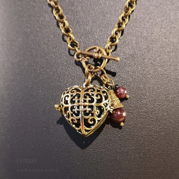 Bronze Heart Locket Necklace Black Agate Sphere And Red Garnet
