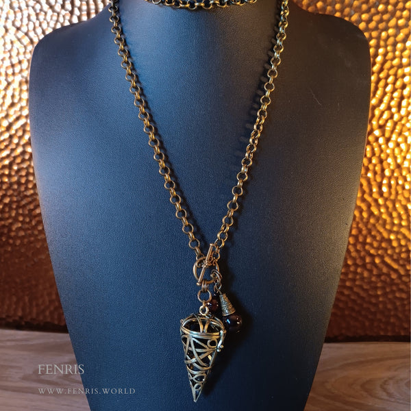 bronze pentagram necklace black agate sphere garnet charms