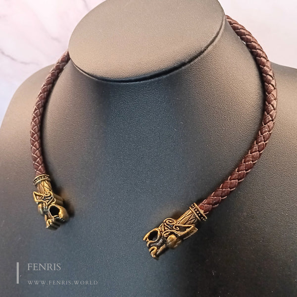 bronze celtic dog torc with brown leather