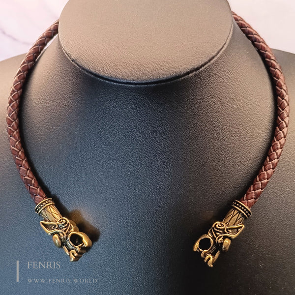 bronze celtic dog torc with brown leather