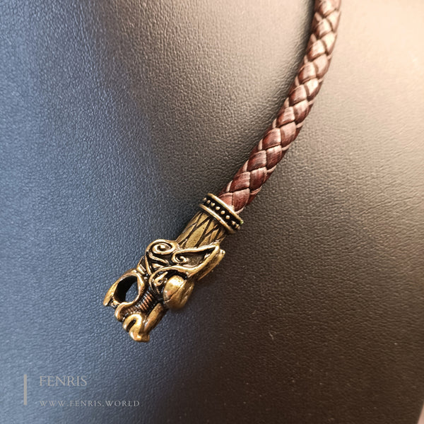 bronze celtic dog torc with brown leather