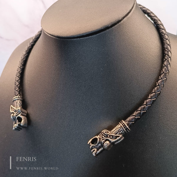 celtic dog torc silver with black leather