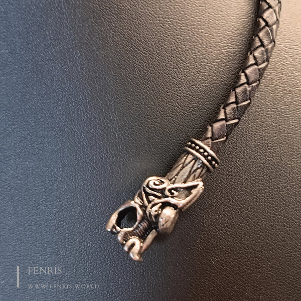 celtic dog torc silver with black leather