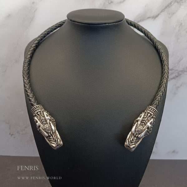 dragon torc silver black leather