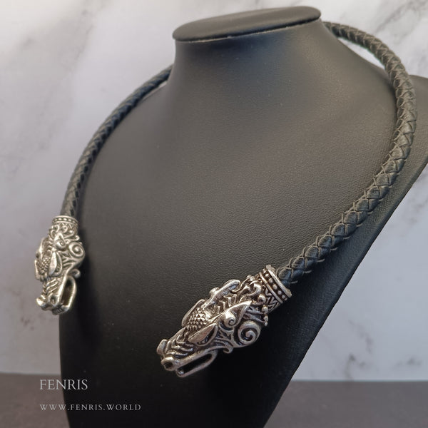 dragon torc silver black leather
