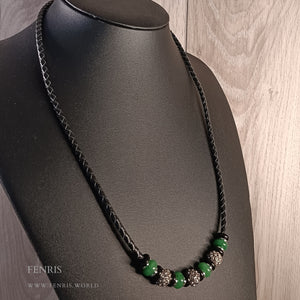 Green jade black leather necklace