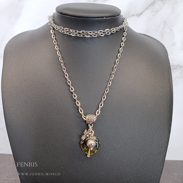 silver green glass leaf bee acorn charm necklace