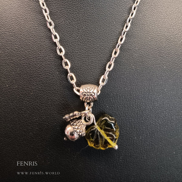 silver green glass leaf bee acorn charm necklace