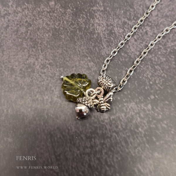 silver green glass leaf bee acorn charm necklace
