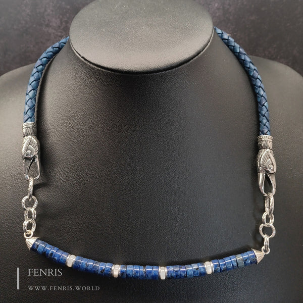 lapis lazuli raven necklace blue leather mother of pearl