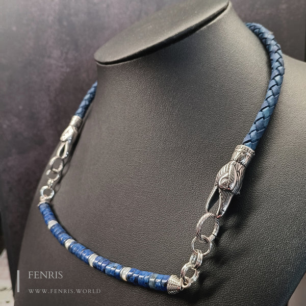 lapis lazuli raven necklace blue leather mother of pearl