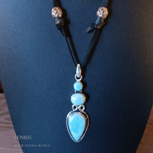 larimar 925 silver black leather necklace